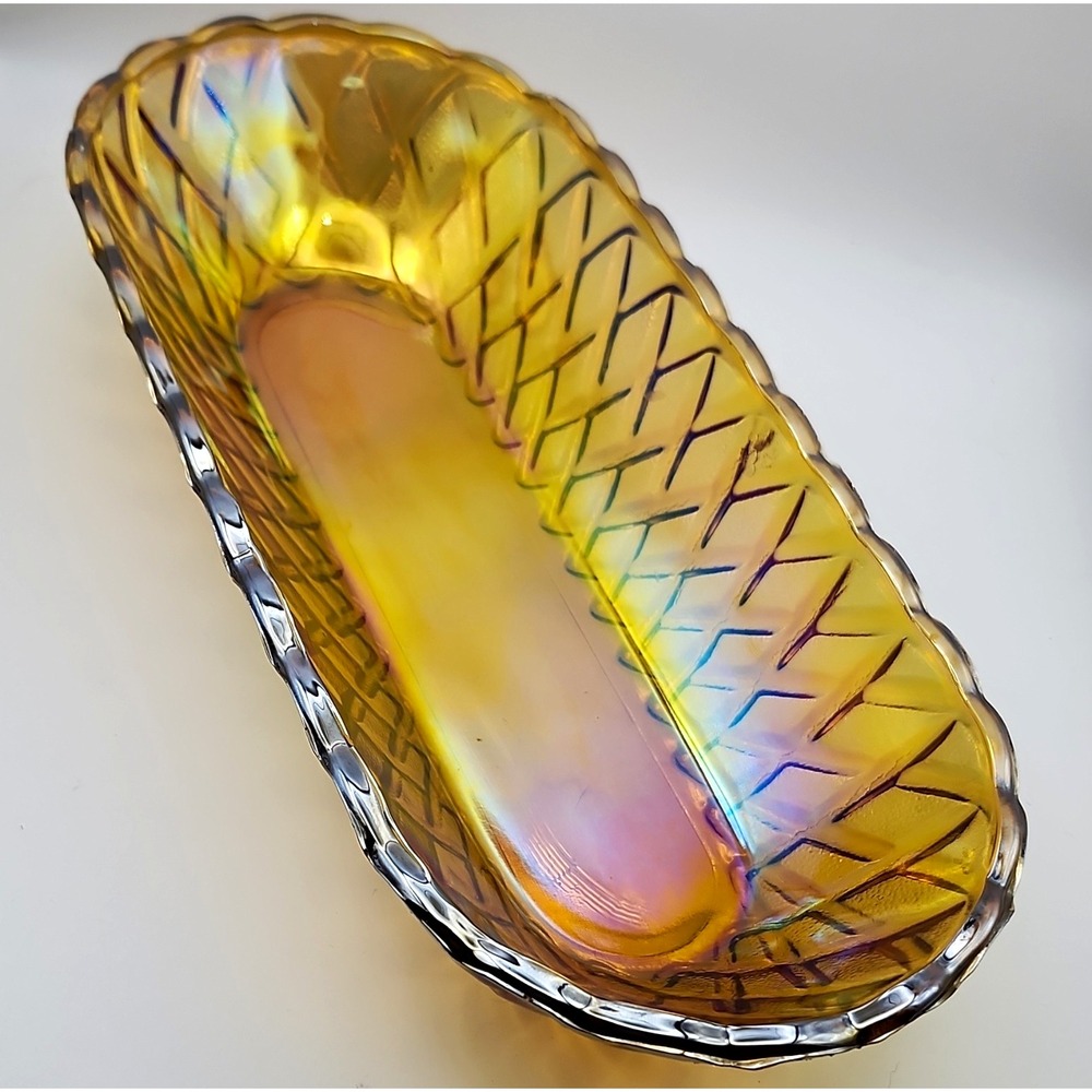 Vintage Indiana Glass Pretzel Marigold Carnival Glass Celery Dish Relish Tray